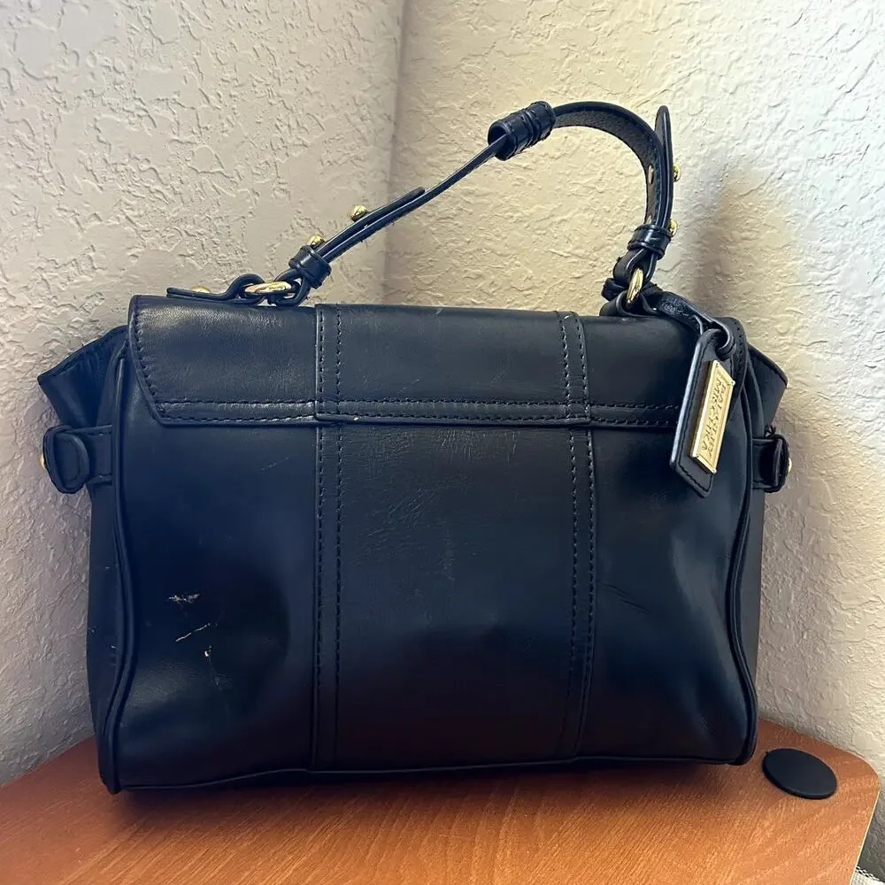 Badgley Mischka Keyra Satchel Black Leather Gold Turnlock Classic Handbag